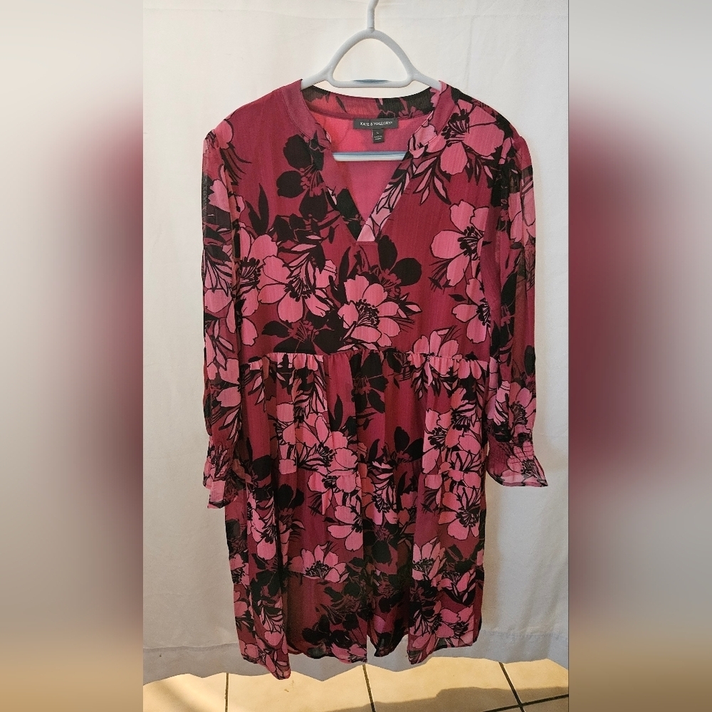Kate & Mallory Pink and Black Floral Long Sleeve Dress